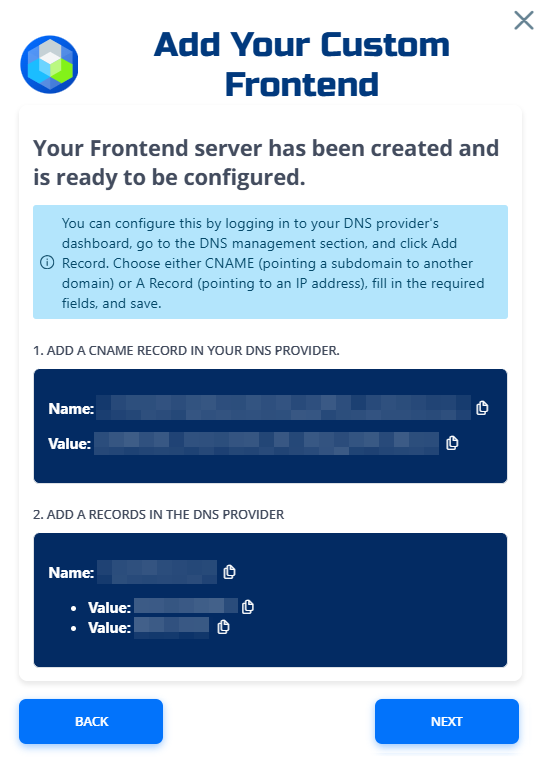Custom frontend DNS info